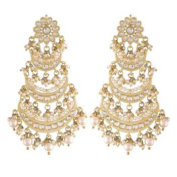 Gold Plated 3 Layered Pearl Kundan Chandbali Earrings With Maang Tikka For Women 3