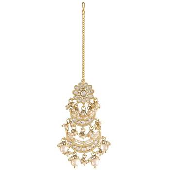 Gold Plated 3 Layered Pearl Kundan Chandbali Earrings With Maang Tikka For Women 4