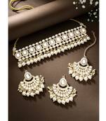 Gold Plated Traditional Kundan Choker Necklace Chandbali Earring & Maang Tikka Ethnic Jewellery Set Gift