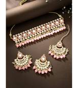 Gold Plated Traditional Kundan Choker Necklace Chandbali Earring & Maang Tikka Ethnic Jewellery Set Gift