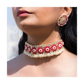 Traditional Ruby Kundan & Pearl Studded Choker Necklace Jewellery Set For Womengirls 1
