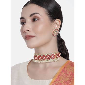 Traditional Ruby Kundan & Pearl Studded Choker Necklace Jewellery Set For Womengirls 2
