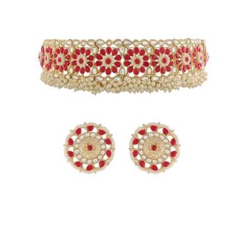 Traditional Ruby Kundan & Pearl Studded Choker Necklace Jewellery Set For Womengirls 3