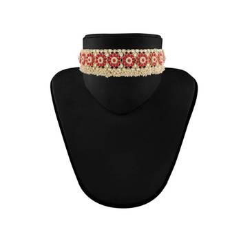 Traditional Ruby Kundan & Pearl Studded Choker Necklace Jewellery Set For Womengirls 4