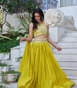 Lemon Green Embroidered Chiffon Plated Lehenga Choli