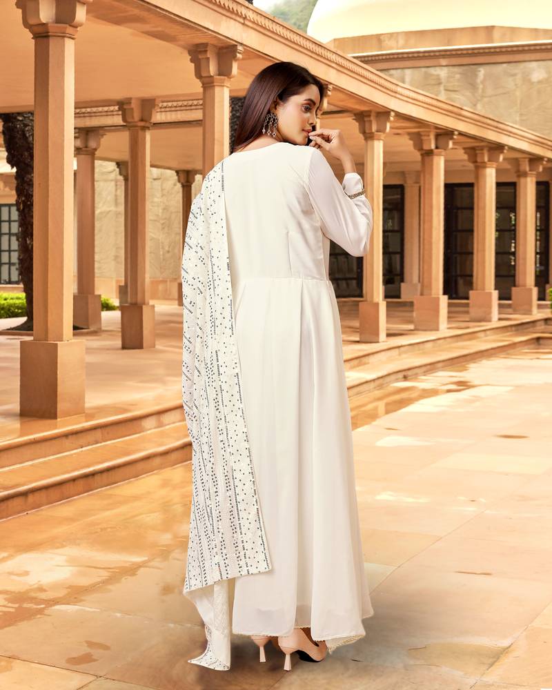Trendmalls  Off White Georgette Embroidered  Party Wear, Festive Gown with Dupatta Full Stitched