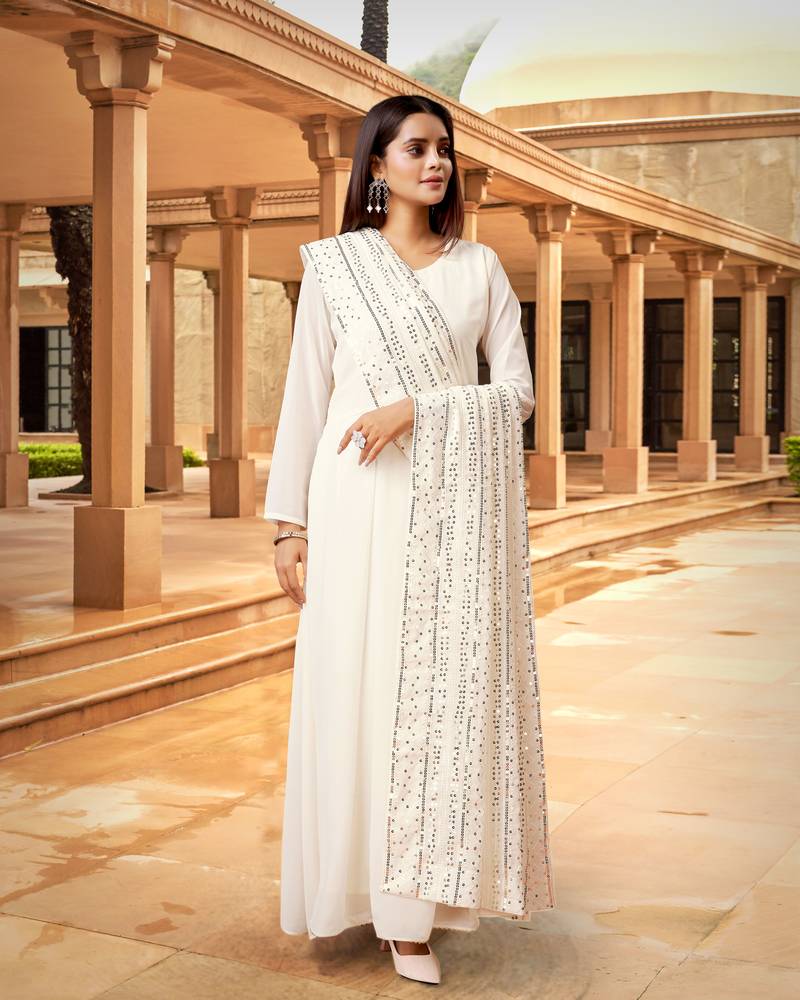 Trendmalls  Off White Georgette Embroidered  Party Wear, Festive Gown with Dupatta Full Stitched