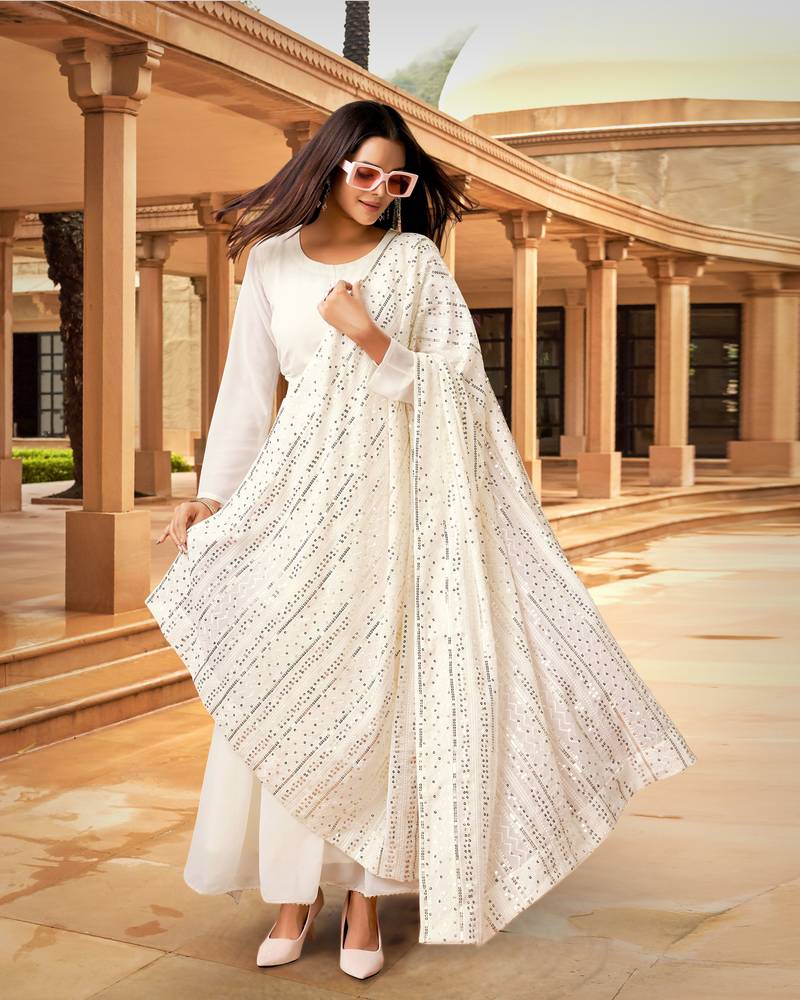 Trendmalls  Off White Georgette Embroidered  Party Wear, Festive Gown with Dupatta Full Stitched