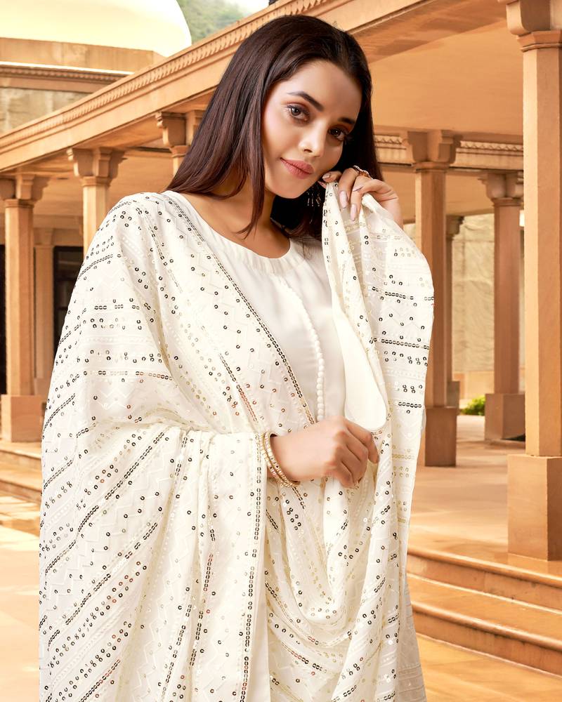 Trendmalls  Off White Georgette Embroidered  Party Wear, Festive Gown with Dupatta Full Stitched