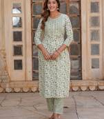 women white and green floral straight kurta pant set