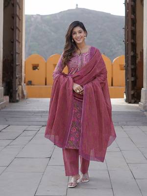 women mauve floral straight kurta pant and dupatta set 1