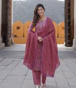 women mauve floral straight kurta pant and dupatta set