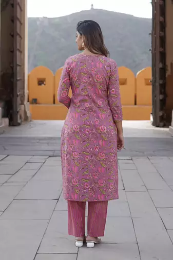 women mauve floral straight kurta pant and dupatta set