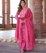 women pink floral straight kurta pant and dupatta set