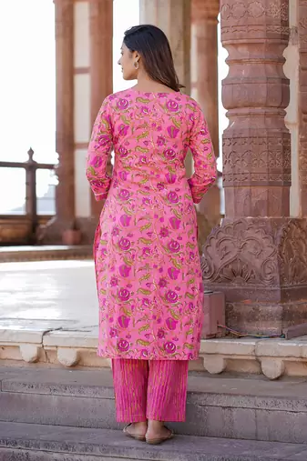women pink floral straight kurta pant and dupatta set