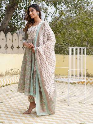 women teal floral anarkali kurta pant and dupatta set 2