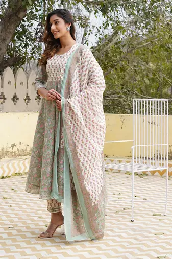 women teal floral anarkali kurta pant and dupatta set