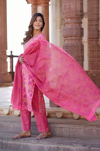 women pink floral straight kurta pant and dupatta set