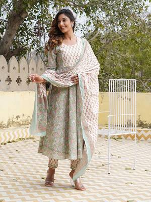 women teal floral anarkali kurta pant and dupatta set 3
