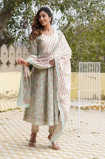 women teal floral anarkali kurta pant and dupatta set