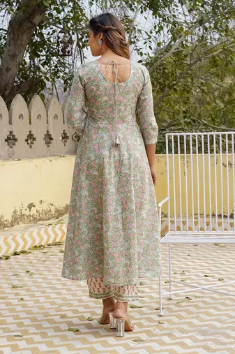 women teal floral anarkali kurta pant and dupatta set