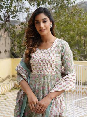 women teal floral anarkali kurta pant and dupatta set 5