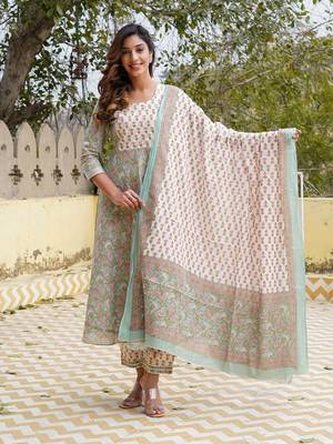 women teal floral anarkali kurta pant and dupatta set 1