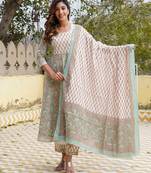 women teal floral anarkali kurta pant and dupatta set