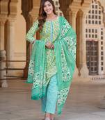 women green floral straight kurta pant and dupatta set