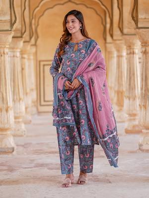 women blue floral straight kurta pant and dupatta set 1