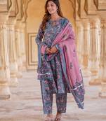 women blue floral straight kurta pant and dupatta set