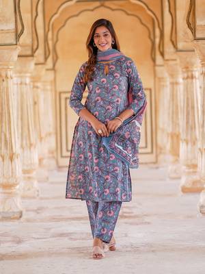 women blue floral straight kurta pant and dupatta set 2