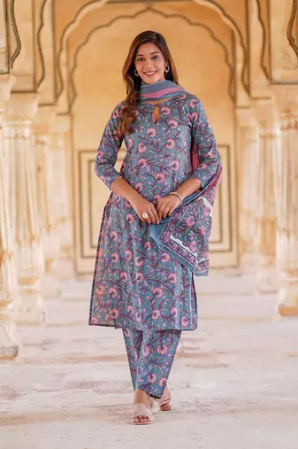 women blue floral straight kurta pant and dupatta set