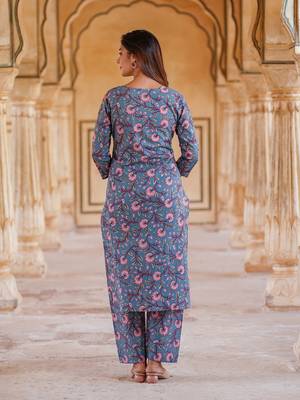 women blue floral straight kurta pant and dupatta set 3