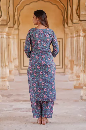 women blue floral straight kurta pant and dupatta set