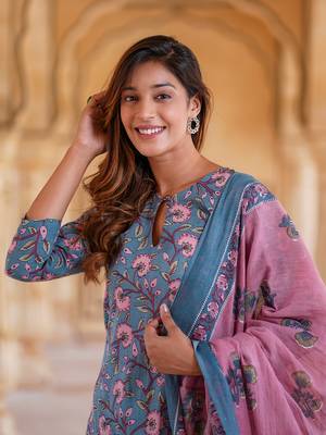women blue floral straight kurta pant and dupatta set 4