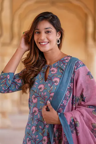 women blue floral straight kurta pant and dupatta set