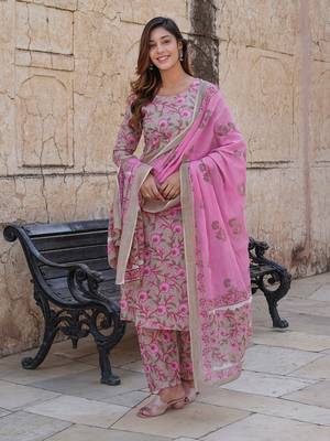 women cream floral straight kurta pant and dupatta set 1