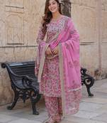 women cream floral straight kurta pant and dupatta set