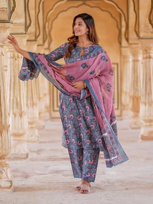 women blue floral straight kurta pant and dupatta set 5