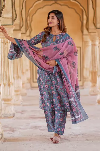 women blue floral straight kurta pant and dupatta set