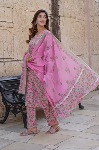 women cream floral straight kurta pant and dupatta set