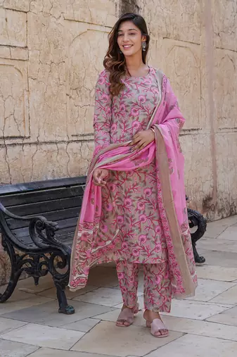 women cream floral straight kurta pant and dupatta set