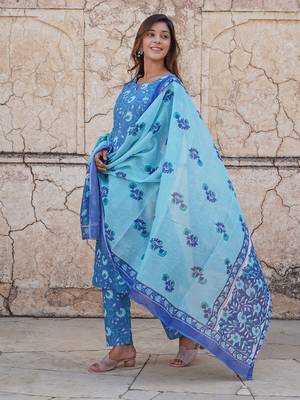 women blue floral straight kurta pant and dupatta set 2