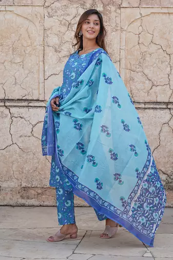 women blue floral straight kurta pant and dupatta set