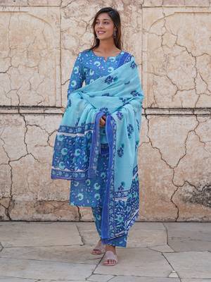 women blue floral straight kurta pant and dupatta set 1
