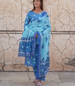 women blue floral straight kurta pant and dupatta set