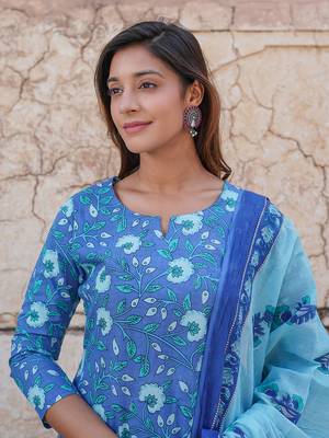 women blue floral straight kurta pant and dupatta set 3