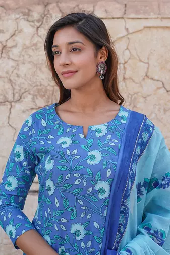 women blue floral straight kurta pant and dupatta set
