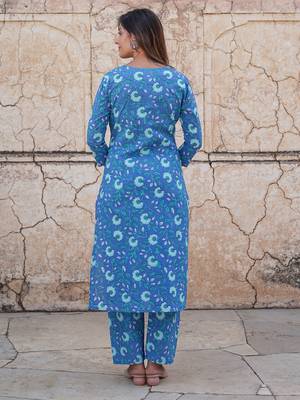women blue floral straight kurta pant and dupatta set 4